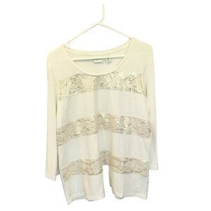 Chico's Zenergy Blouse Long Sleeve White with Lace and Gold Women's Size 2 Large